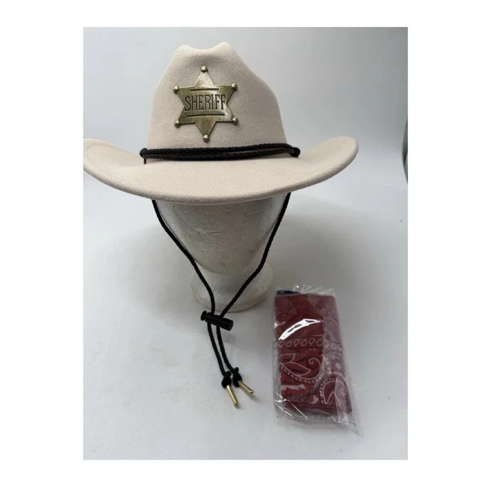 New Small Child Halloween Felt Sheriff Cowboy Hat w Gold Metal Tipped Chin Strap